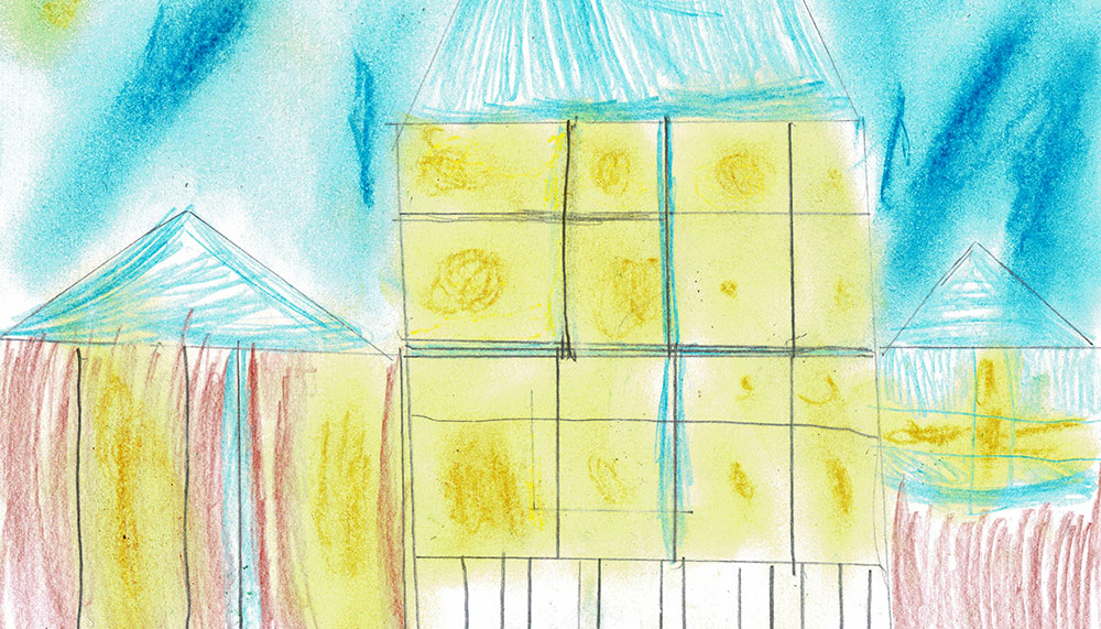 Kreide- und Buntstiftzeichnung mit drei bunten Gebäuden, das Mittlere sehr hoch und gelb leuchtend. Hintergrund blau.