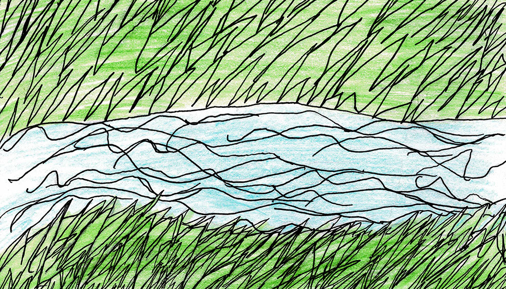 Zeichnung von einem hellblauen Fluss mit Wellen, darüber und darunter eine Wiese mit Gras.