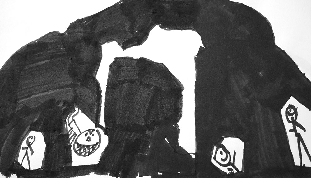 Filzstift-Bild von schwarzen großen Felsen mit Höhlen darin. In den Höhlen einzelne Menschen oder Tiere.