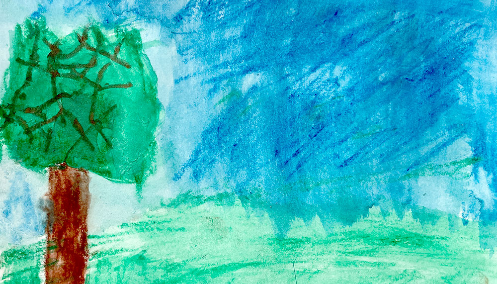 Mit Wasserfarben gemaltes Bild: Links ein Baum, unten eine grüne Wiese, oben blauer Himmel.