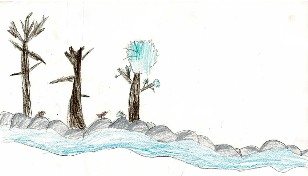 Buntstift-Bild mit blauem Bach am unteren Bildrand. Darüber Steine, mit Vögeln darauf. Dahinter drei Bäume.