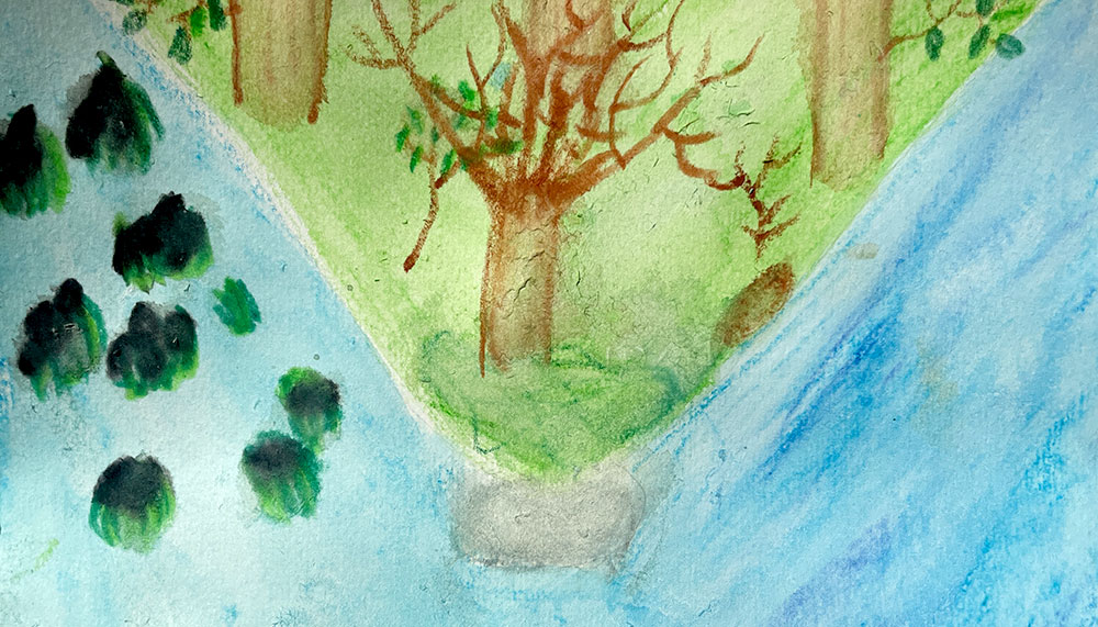 Aquarell-Bild mit zwei Flüssen, die zusammenfließen. Dazwischen eine grüne Insel mit Baum.