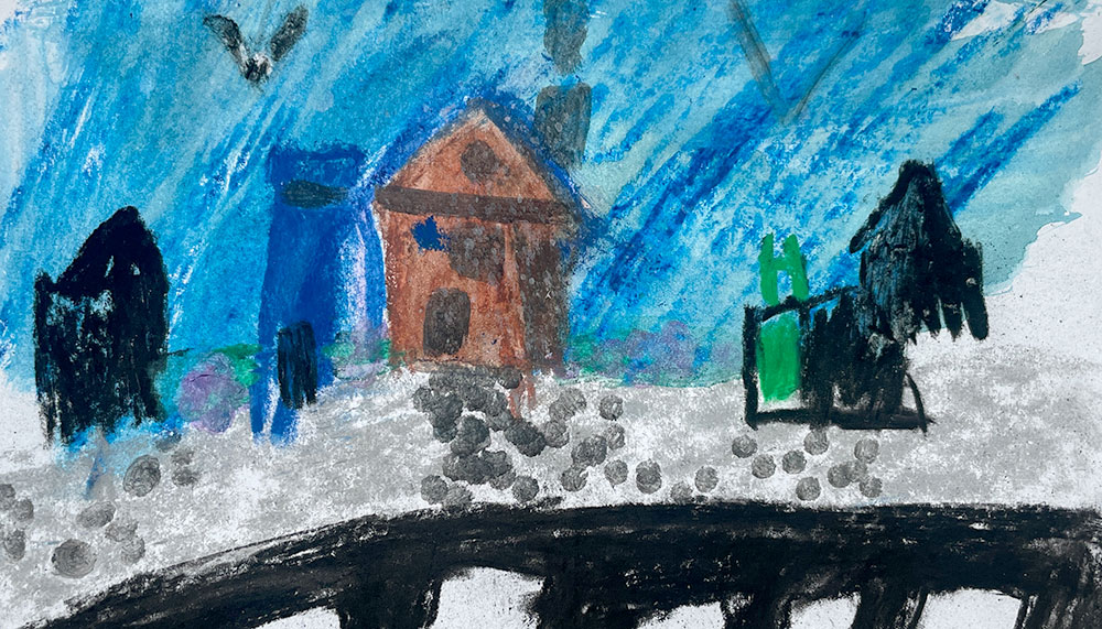 Gemaltes Bild mit Häusern in schwarz, blau, grün und braun in einer Reihe. Davor grauer Boden und schwarze Punkte.