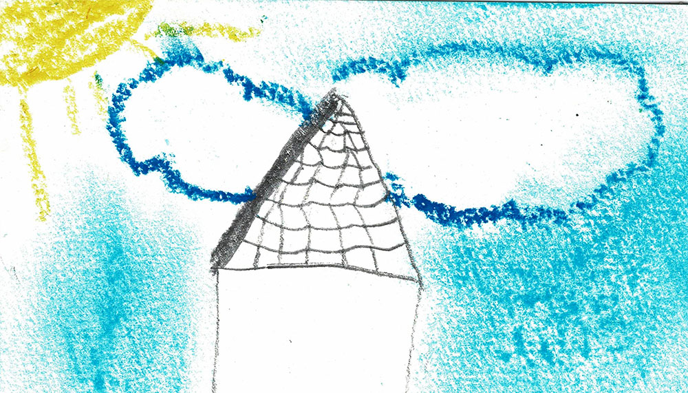 Buntstift-Zeichnung: Ein weißer Turm, der in den blauen Himmel mit Wolken und Sonne ragt.